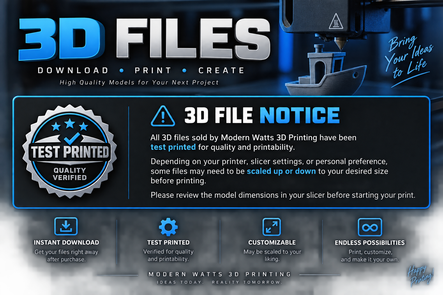All Modern Watts 3D files are test printed for quality and printability. Files may need to be scaled to your preferred size before printing.