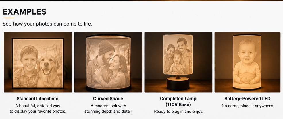 Examples of custom 3D-printed lithophotos and lithophane lamp shades